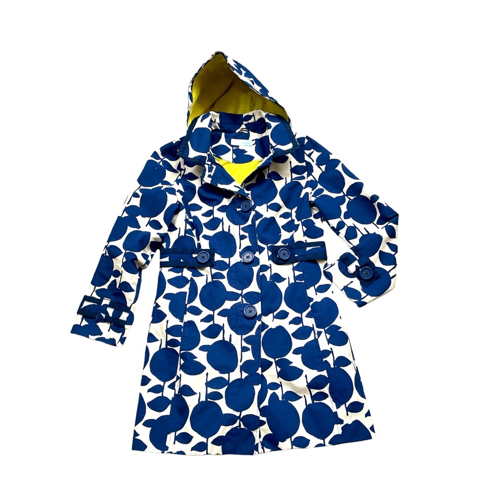 Boden Blue Leaf Print Trench Coat with Yellow Hood